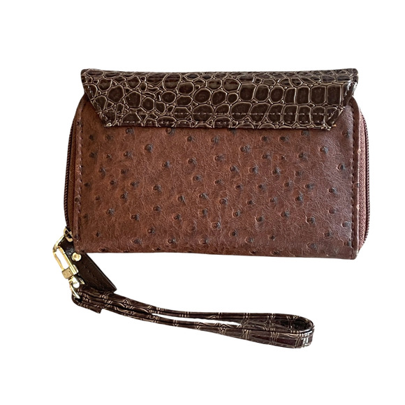 U.S. POLO ASSN Brown Gold Crocodile Embossed Wallet Snap Clutch Wristlet NWOT - Picture 2 of 8